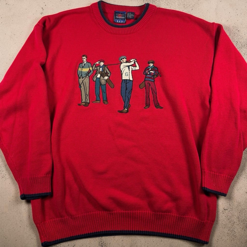 Vintage 90s Cotton Traders Sport Mens XL Golf Sweater Embroidered Golfer Red